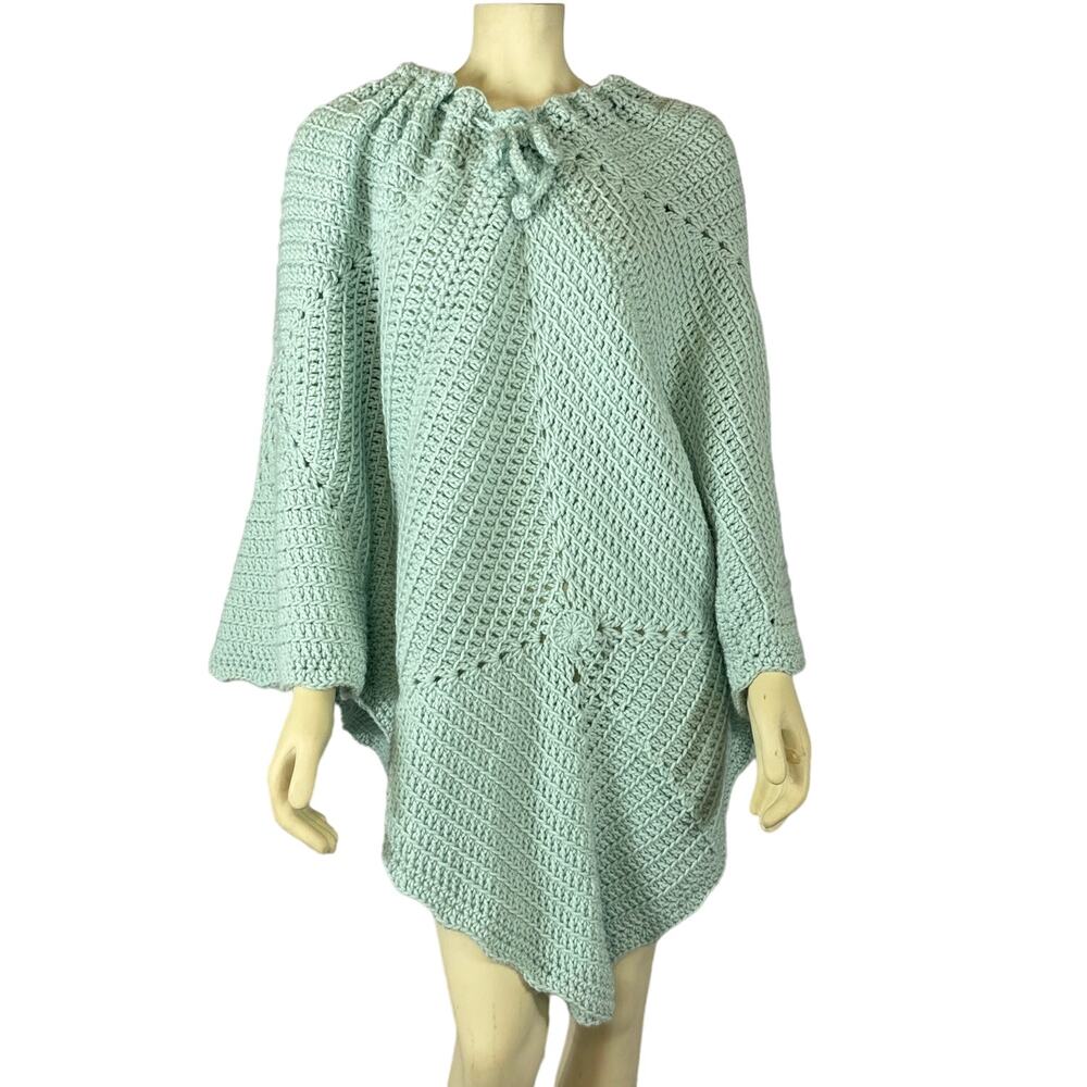 Vintage Handmade Hippie crochet Poncho in green with neck scarf size medium